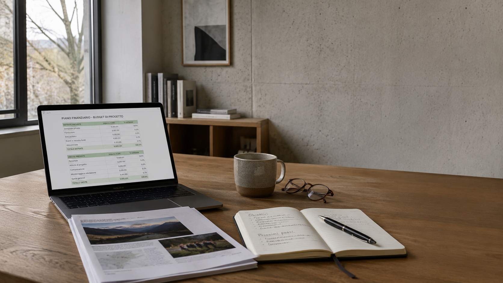 Scrivania di lavoro con laptop che mostra un piano finanziario di progetto in italiano, dossier cartaceo aperto, quaderno con appunti manoscritti, tazza in ceramica e occhiali da lettura. Luce naturale da finestra, muro di calcestruzzo chiaro sullo sfondo.